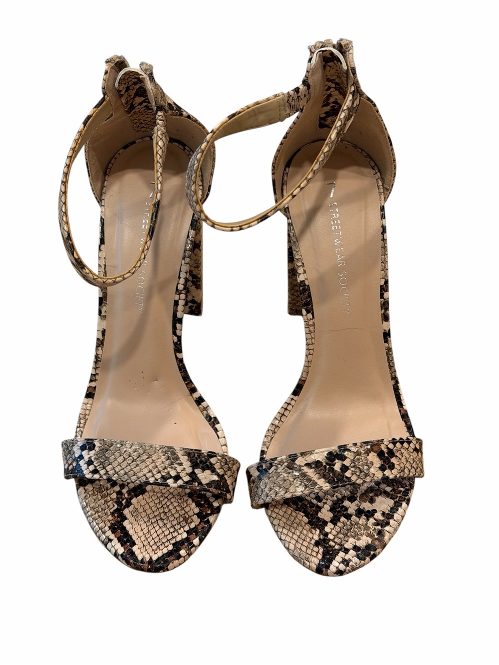 Streetwear Society Snake Print Ankle Strap Heels - Beige/Black